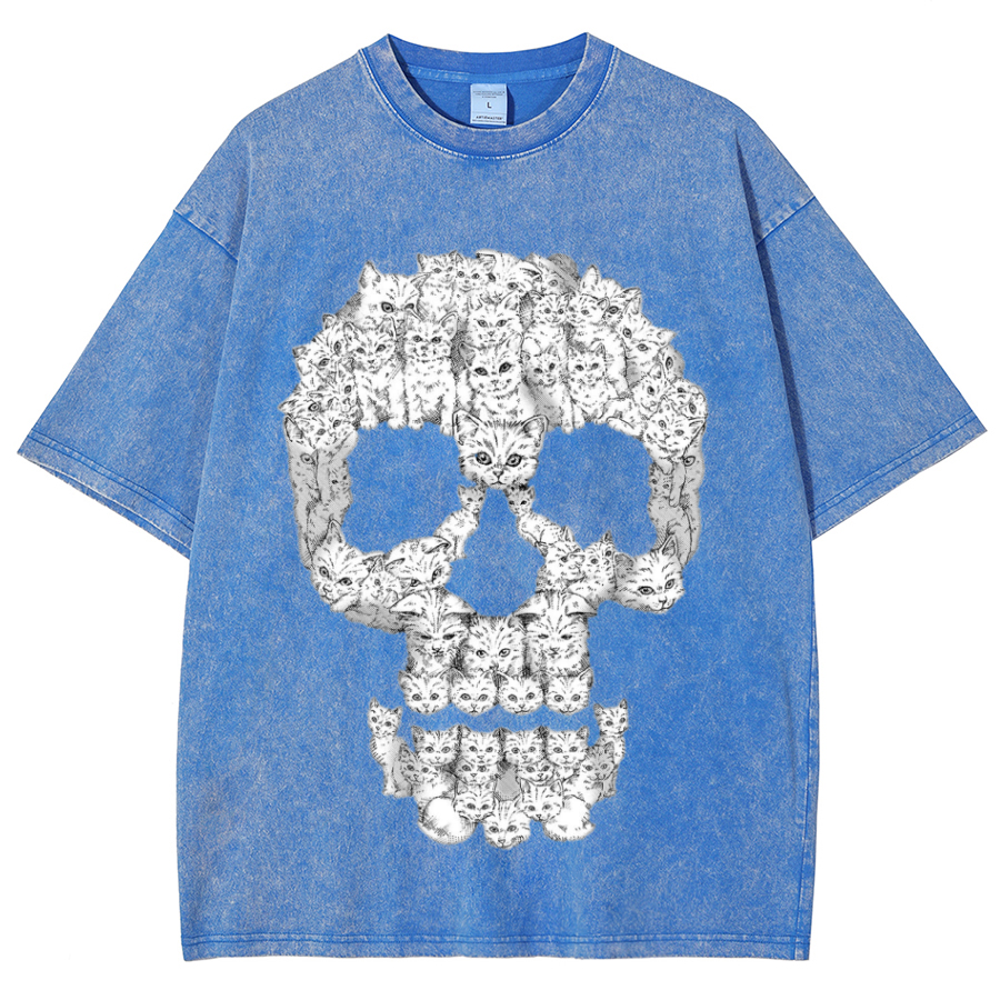 Kitty Skull Unisex Oversized Print Vintage Wash Denim T-Shirt
