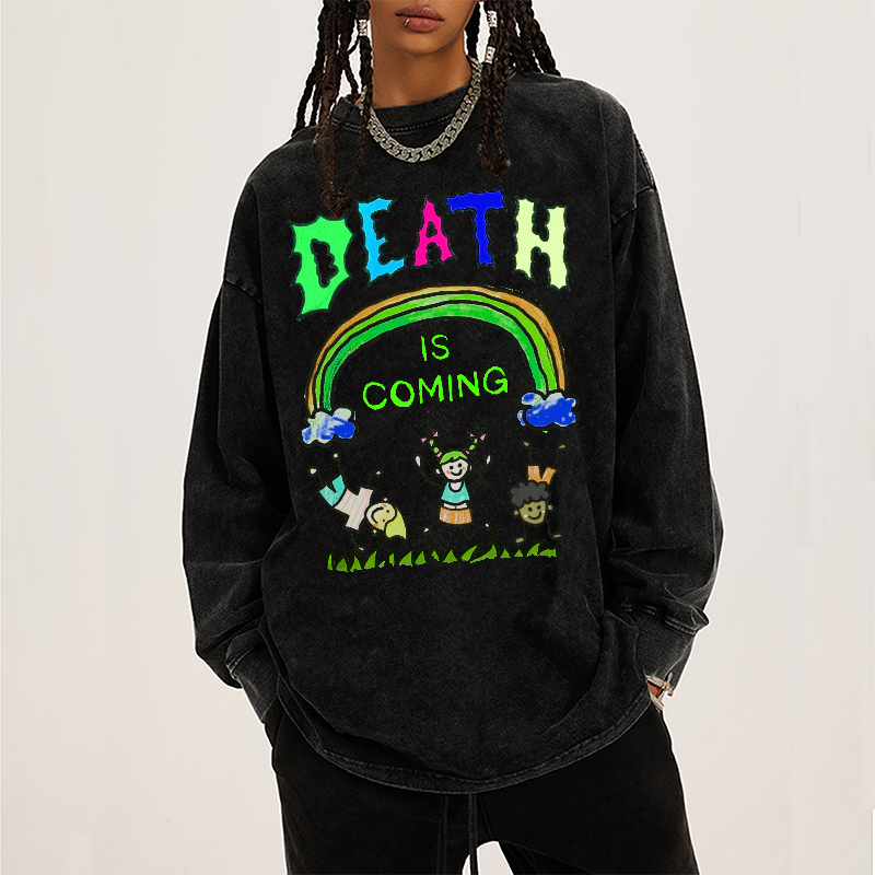 Death Is Coming Unisex Casual Washed Printed Round Neck Long Sleeve T-shirt-Print-cool