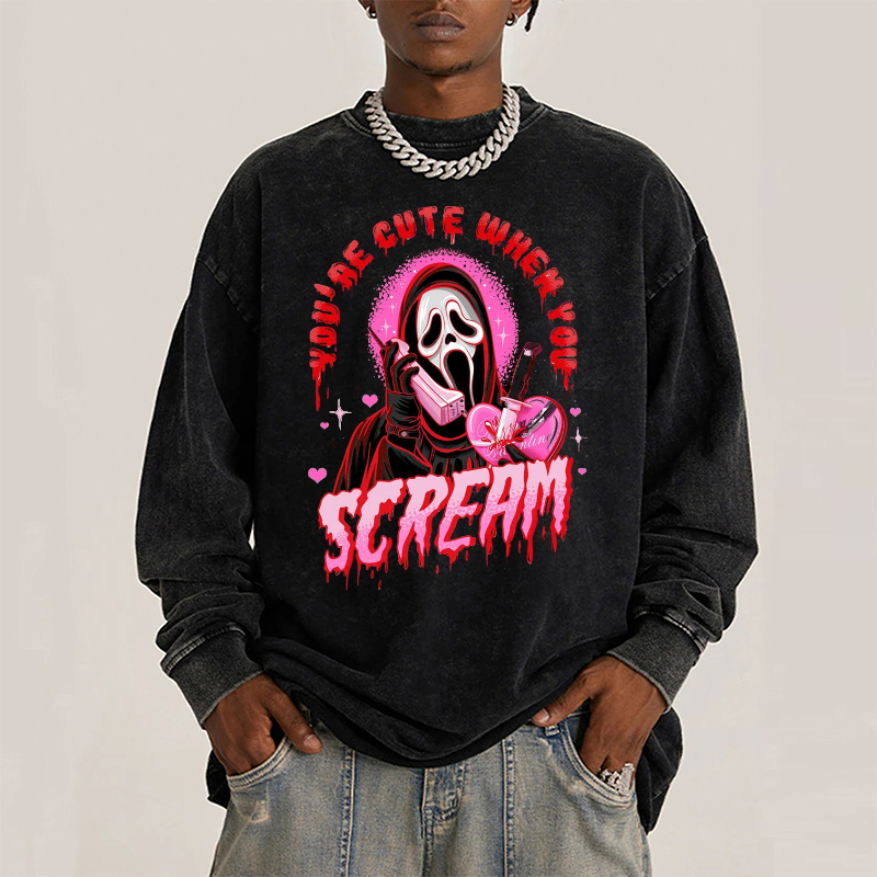 Cute Scream Unisex Washed Printed Round Neck Long Sleeve T-Shirt