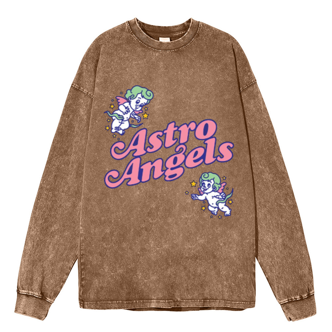 Astro Angels Unisex Casual Washed Printed Round Neck Long Sleeve T-shirt