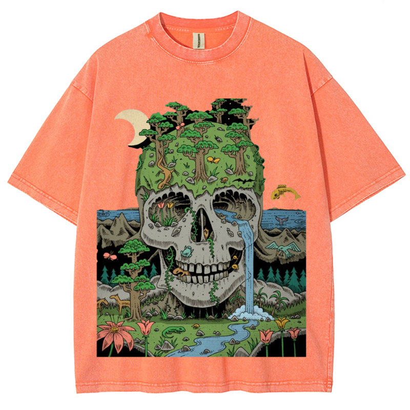 Skull Crying Unisex Vintage Solid Wash Denim T-Shirts-Print-cool