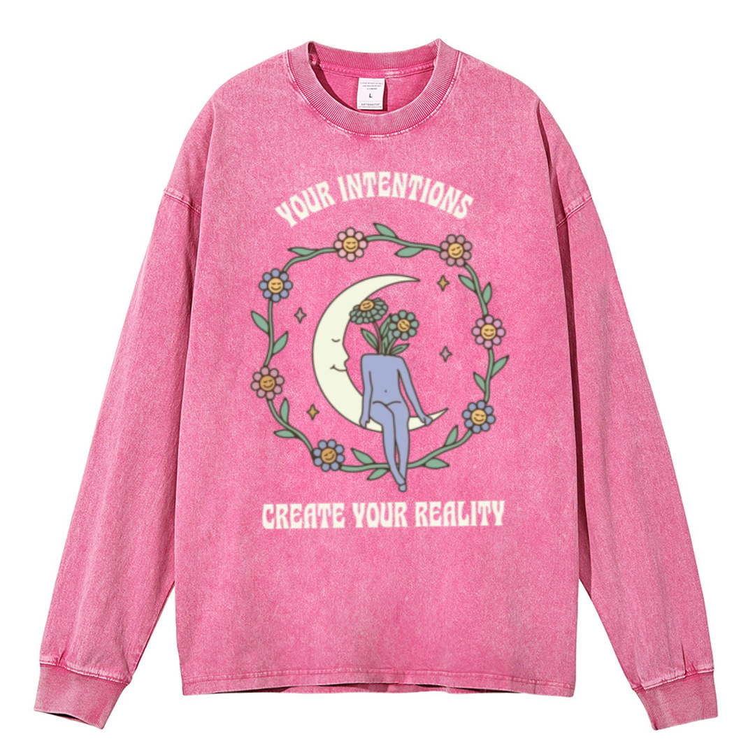 Your Intentions Unisex Casual Washed Printed Round Neck Long Sleeve T-shirt