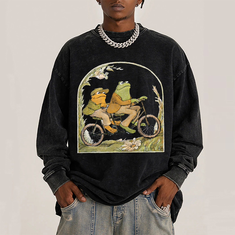 Frog and Toad Unisex Casual Washed Printed Round Neck Long Sleeve T-shirt-Print-cool