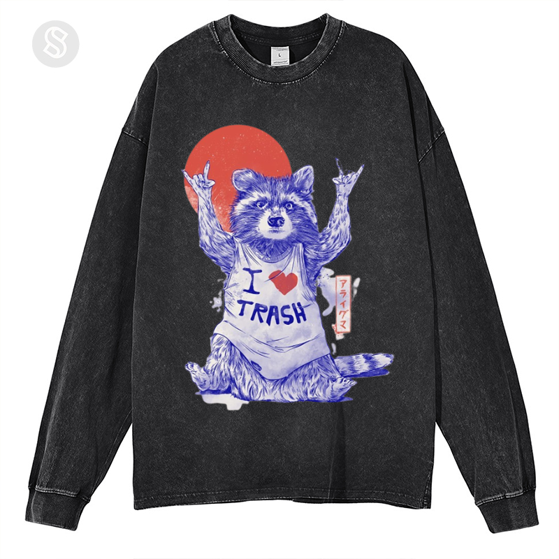 I Love Trash Unisex Washed Printed Round Neck Long Sleeve T-Shirt-Print-cool