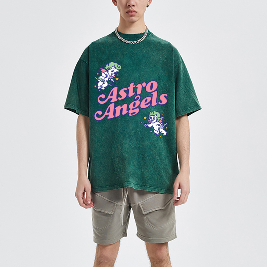 Astro Angels Unisex Oversized Print Vintage Wash Denim T-Shirt