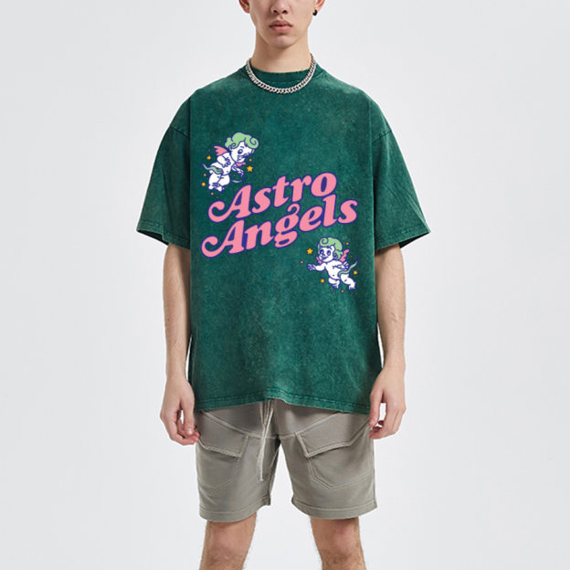 Astro Angels Unisex Oversized Print Vintage Wash Denim T-Shirt