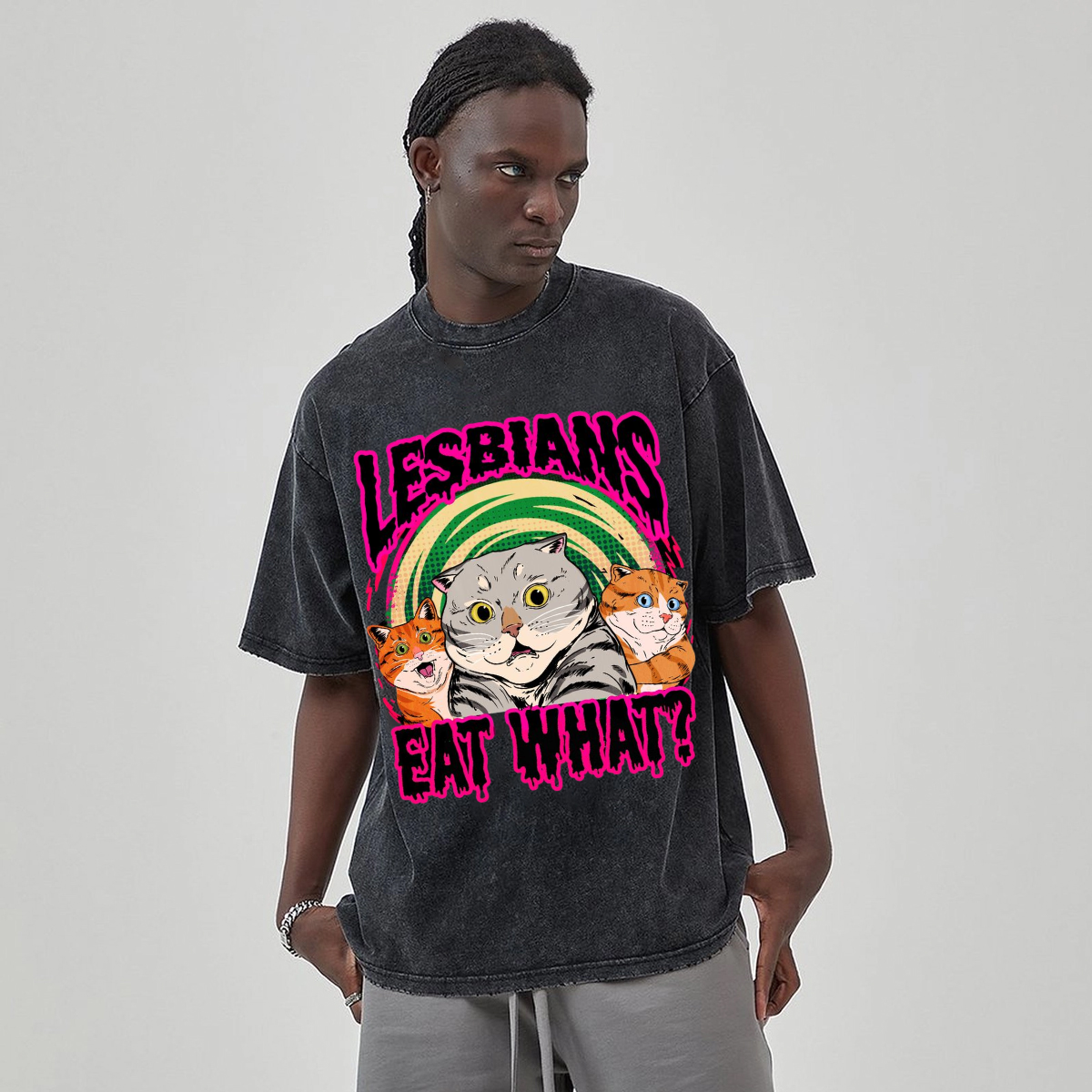 Eat What Lesbians Unisex Printed Retro Washed Short Sleeved T-Shirt