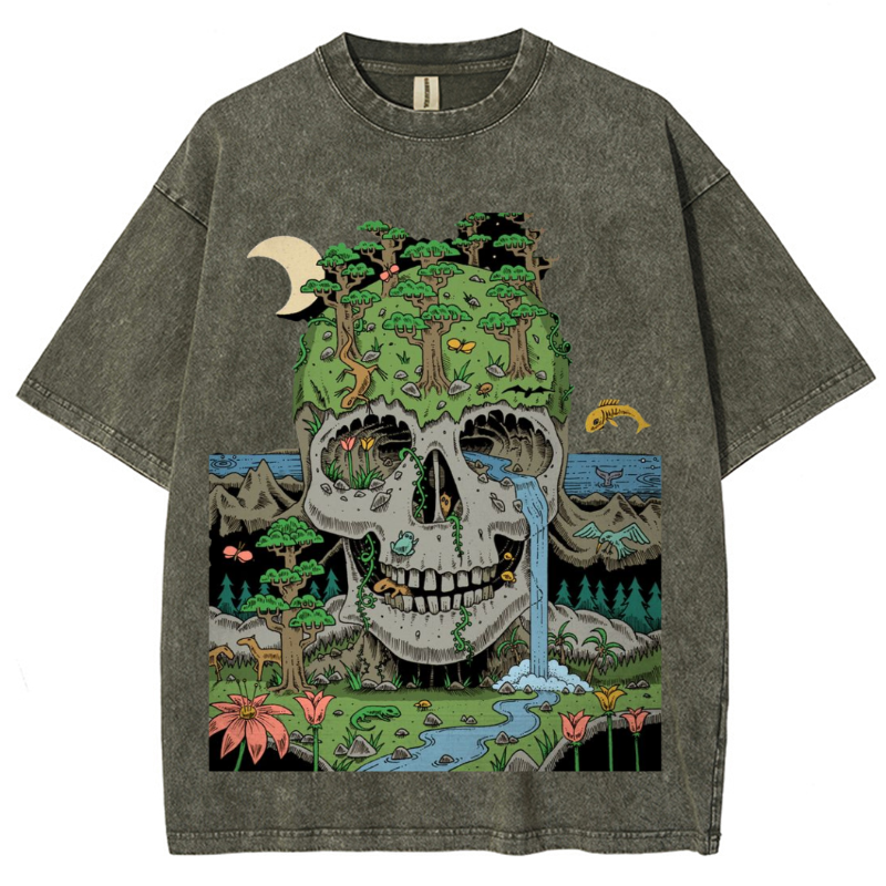 Skull Crying Unisex Vintage Solid Wash Denim T-Shirts-Print-cool