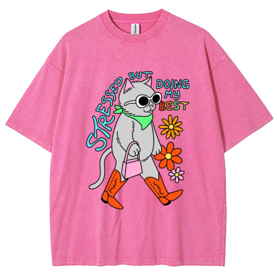 Stressed But Doing My Best Cat Unisex Printed Retro Washed Short Sleeved T-Shirt