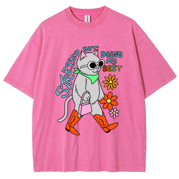 Stressed But Doing My Best Cat Unisex Printed Retro Washed Short Sleeved T-Shirt