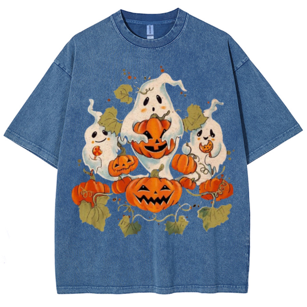 Spooky Pumpkin Unisex Printed Retro Washed Short Sleeved T-Shirt