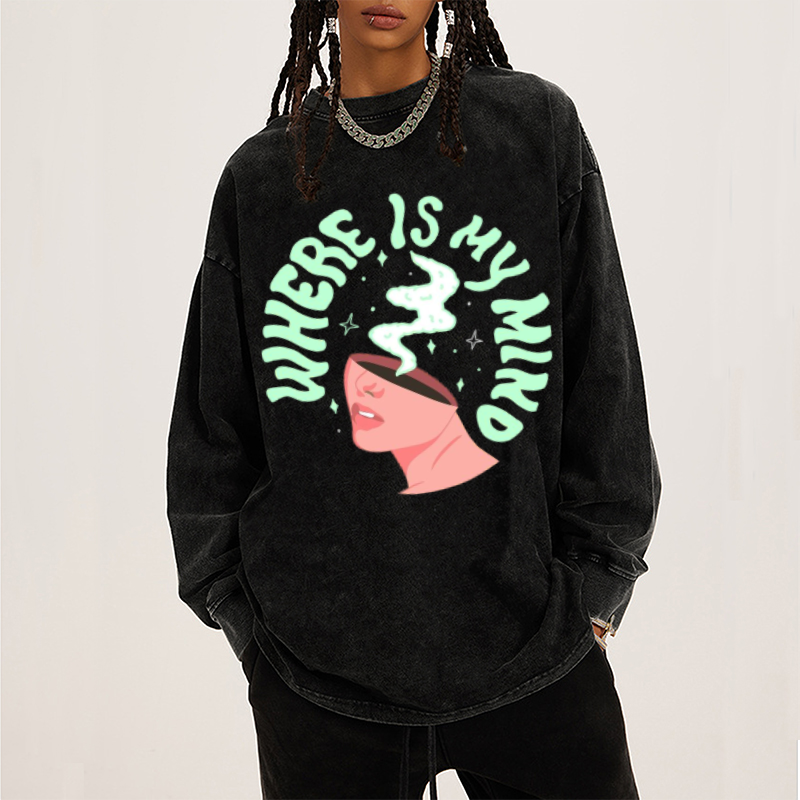 My Mind Unisex Casual Washed Printed Round Neck Long Sleeve T-shirt