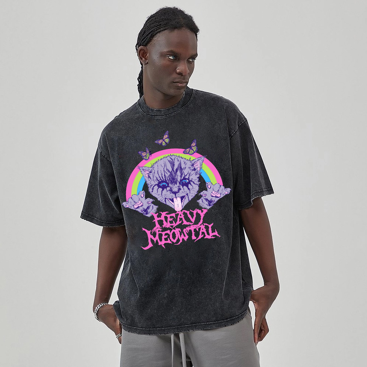 Heavy Meowtal Unisex Printed Retro Washed Short Sleeved T-Shirt-Print-cool