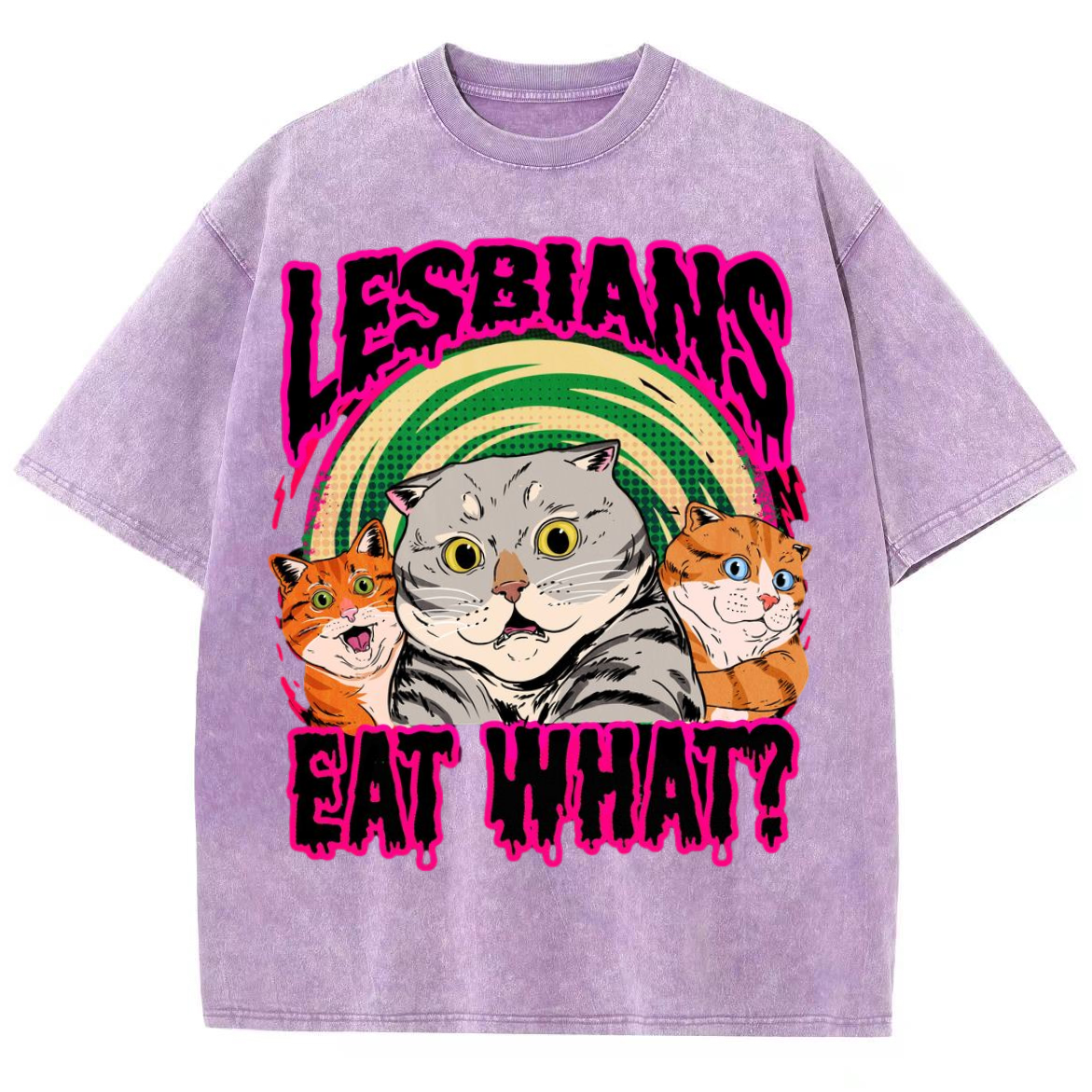 Eat What Lesbians Unisex Printed Retro Washed Short Sleeved T-Shirt