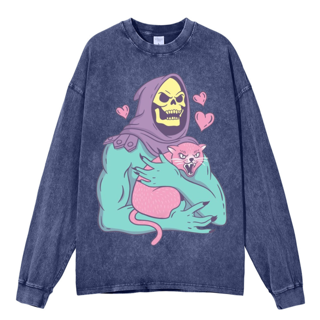 Funny Skull Cat Unisex Casual Washed Printed Long Sleeve T-shirt