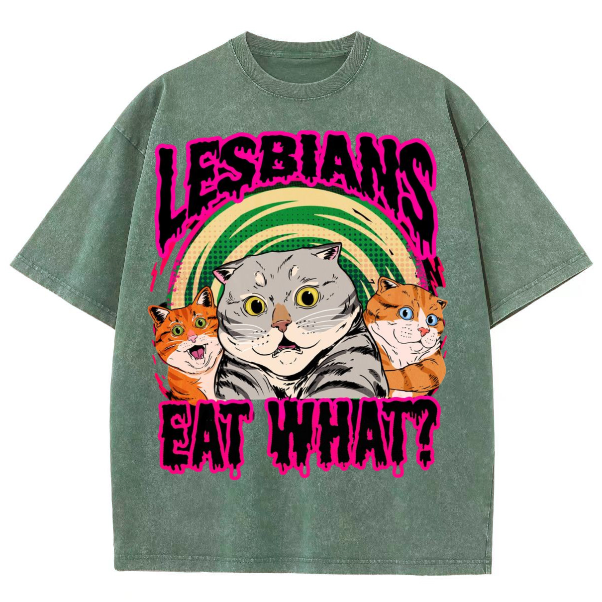 Eat What Lesbians Unisex Printed Retro Washed Short Sleeved T-Shirt