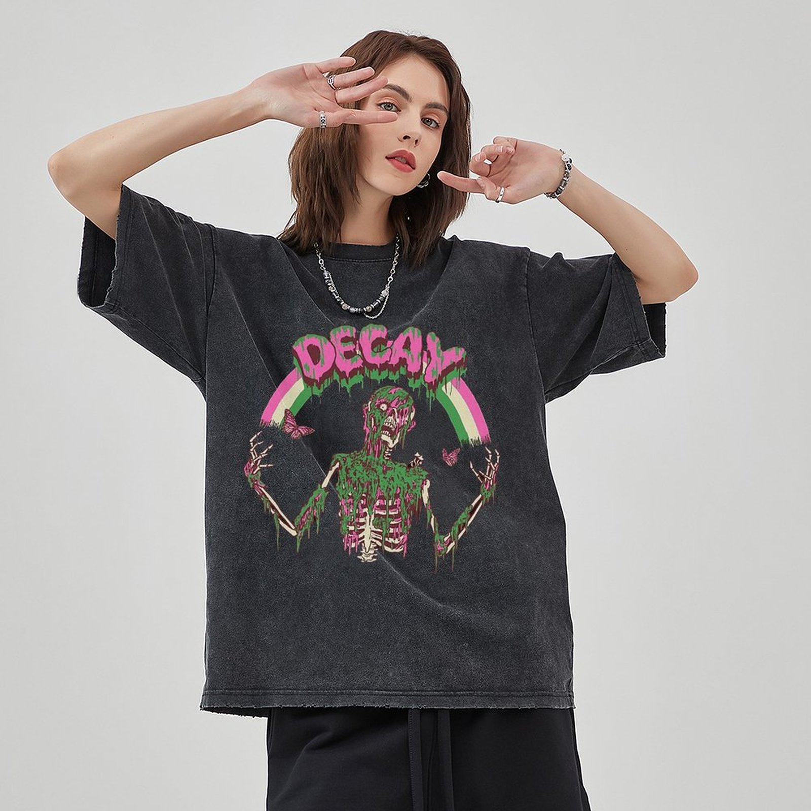 Decay Unisex Vintage Solid Wash Denim T-Shirts-Print-cool