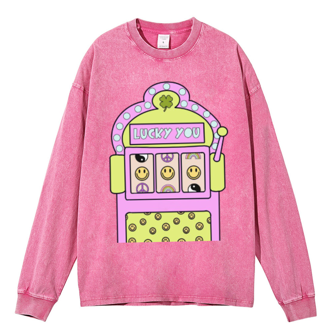 Lucky You Unisex Casual Washed Printed Round Neck Long Sleeve T-shirt