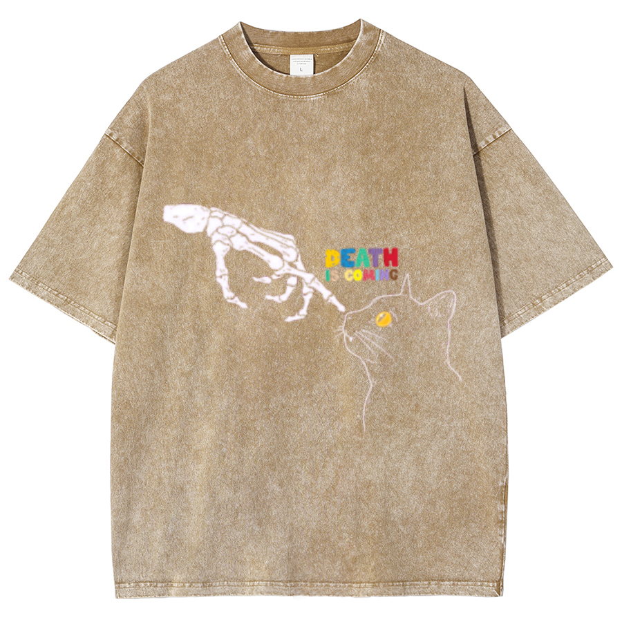 Death Is Coming Unisex Oversized Print Vintage Wash Denim T-Shirt-Print-cool