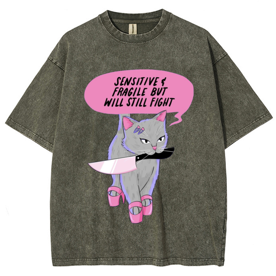 Sensitive Cat Unisex Printed Retro Washed Short Sleeved T-Shirt-Print-cool