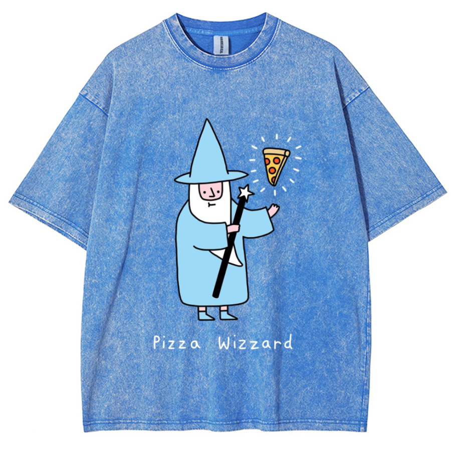 Pizza Wizzard Unisex Printed Retro Washed Short Sleeved T-Shirt-Print-cool