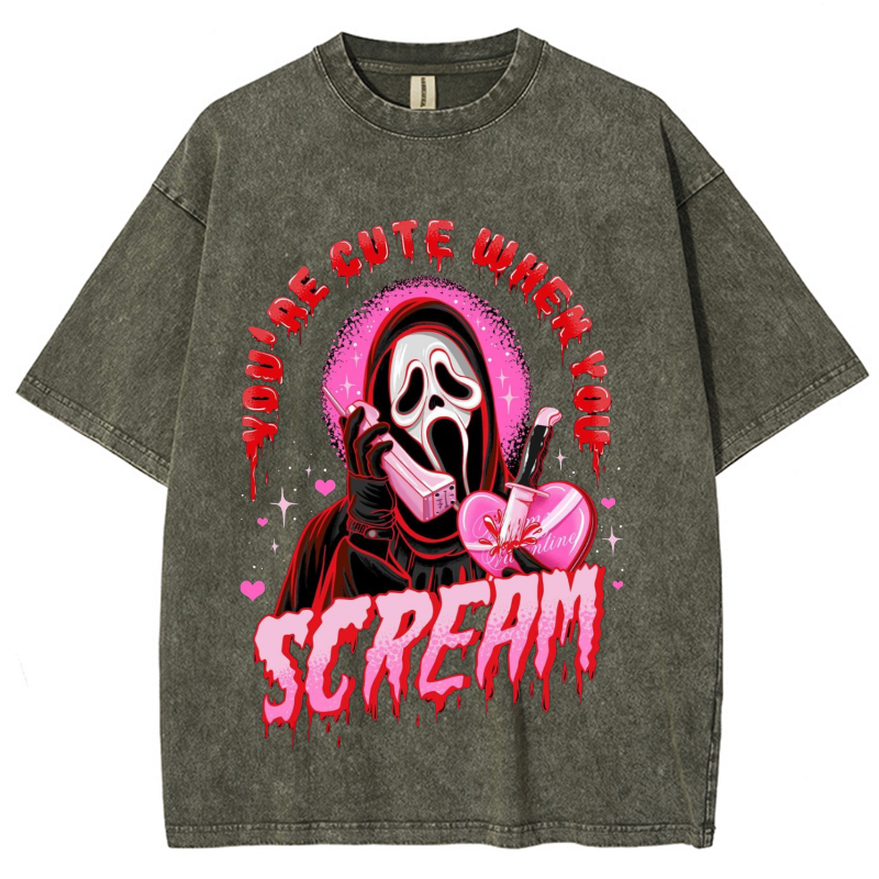 Cute Scream Unisex Vintage Solid Wash Denim T-Shirts