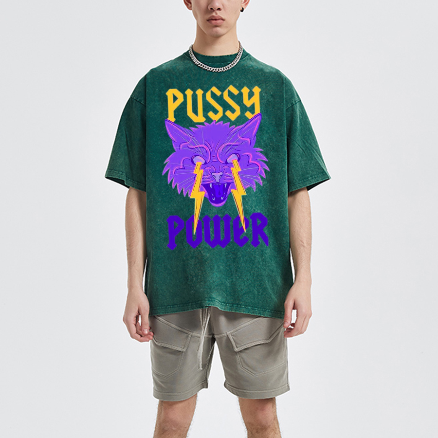 Pussy Power Unisex Oversized Print Vintage Wash Denim T-Shirt-Print-cool