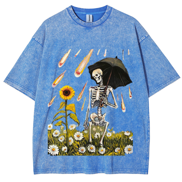 Sunflower Skull Unisex Vintage Wash Denim T-Shirts[💥Buy 4 get 5th 50%OFF]