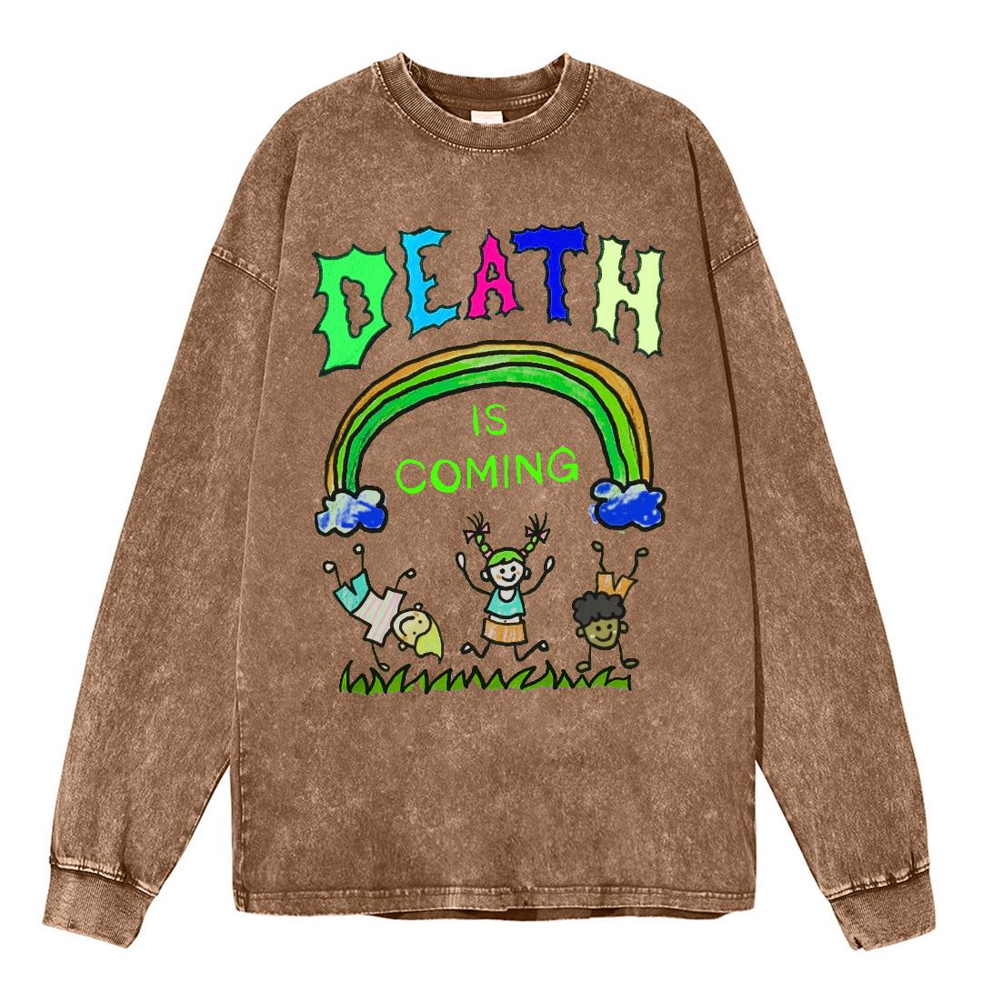 Death Is Coming Unisex Casual Washed Printed Round Neck Long Sleeve T-shirt-Print-cool