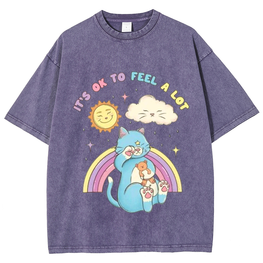 Feel A Lot Unisex Oversized Print Vintage Wash Denim T-Shirt