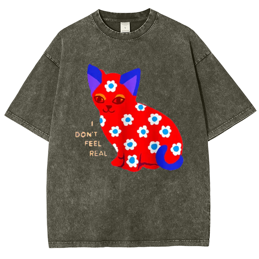 I Don't Feel Real Unisex Oversized Print Vintage Wash Denim T-Shirt