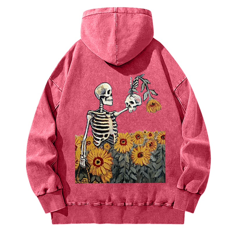 Unisex Casual Washed Sunflower Skull Illustration Printed Hoodie Sweatshirt