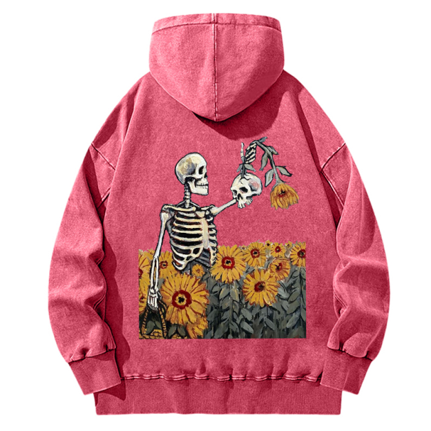 Unisex Casual Washed Sunflower Skull Illustration Printed Hoodie Sweatshirt