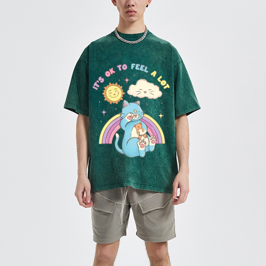 Feel A Lot Unisex Oversized Print Vintage Wash Denim T-Shirt