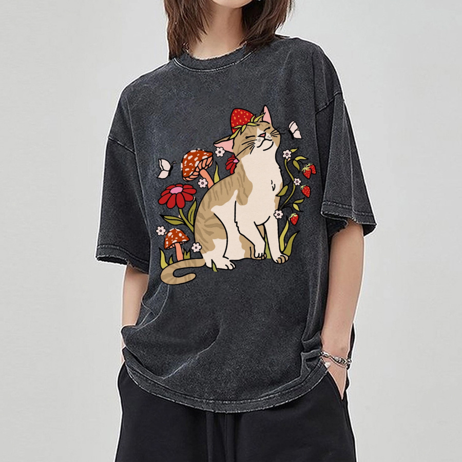 Cat And Plant Unisex Printed Retro Washed Short Sleeved T-Shirt-Print-cool