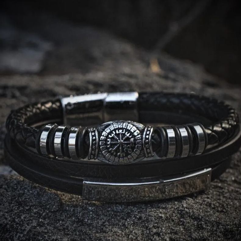 Runic Vegvisir Compass Leather Bracelet