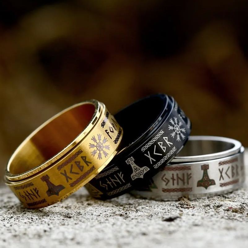 Titanium Stainless Nordic Symbols Rotating Ring