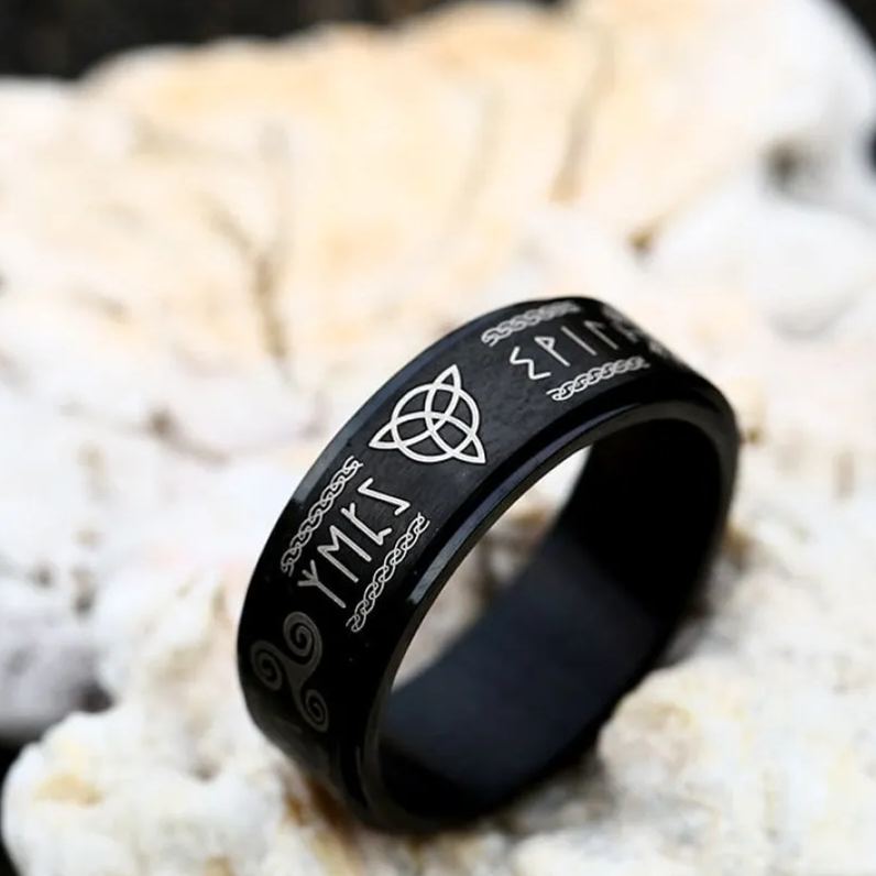 Titanium Stainless Nordic Symbols Rotating Ring