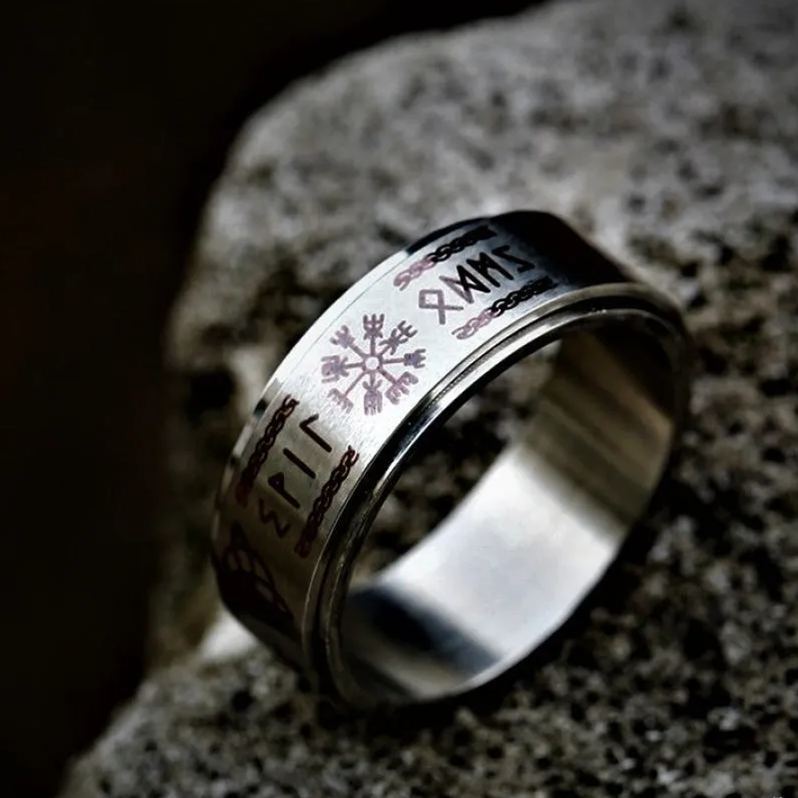 Titanium Stainless Nordic Symbols Rotating Ring