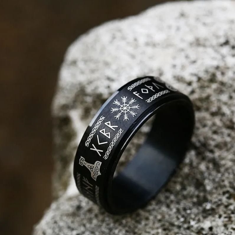 Titanium Stainless Nordic Symbols Rotating Ring