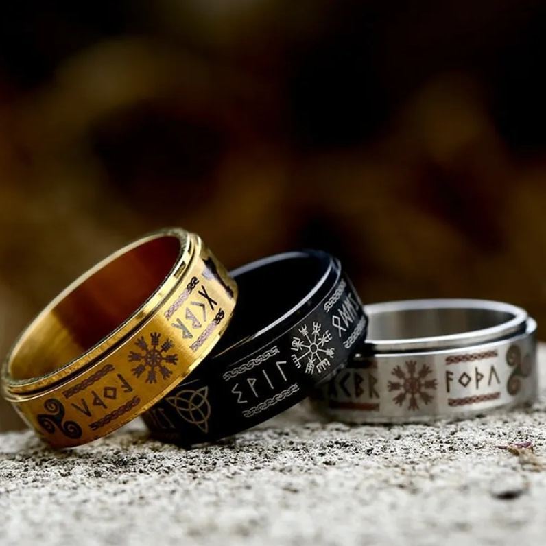 Titanium Stainless Nordic Symbols Rotating Ring