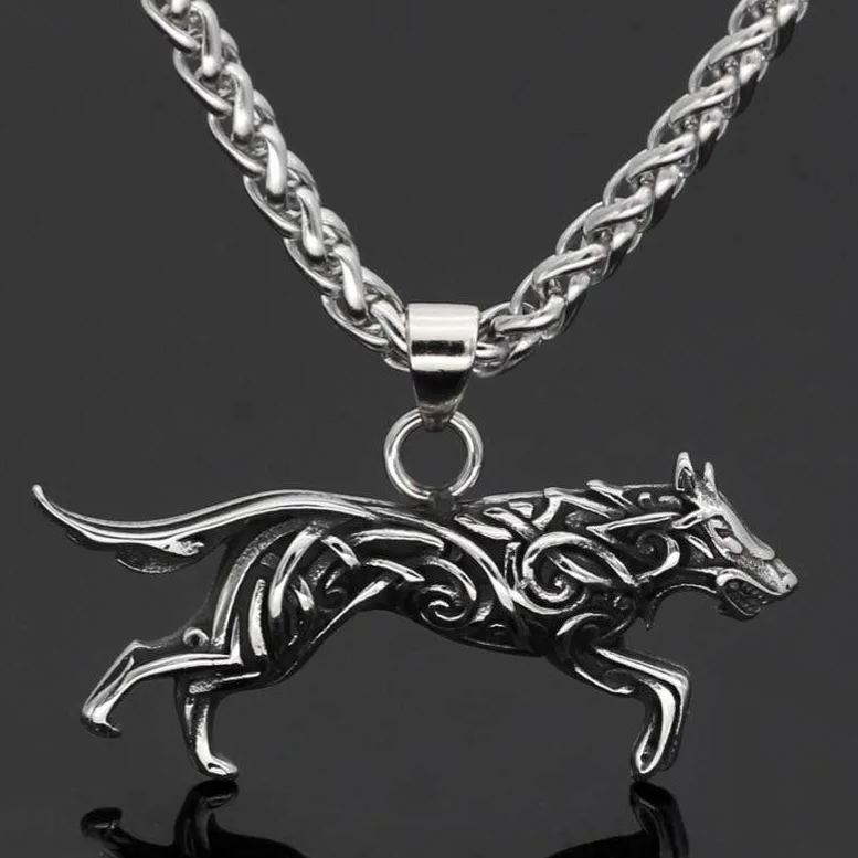 Fenrir Wolf with Nordic Carving Necklace