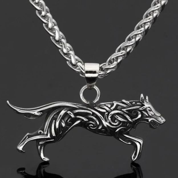 Fenrir Wolf with Nordic Carving Necklace
