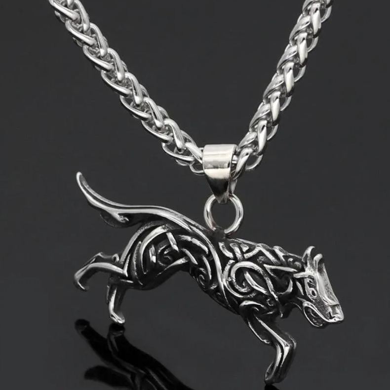 Fenrir Wolf with Nordic Carving Necklace