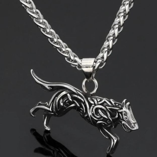 Fenrir Wolf with Nordic Carving Necklace