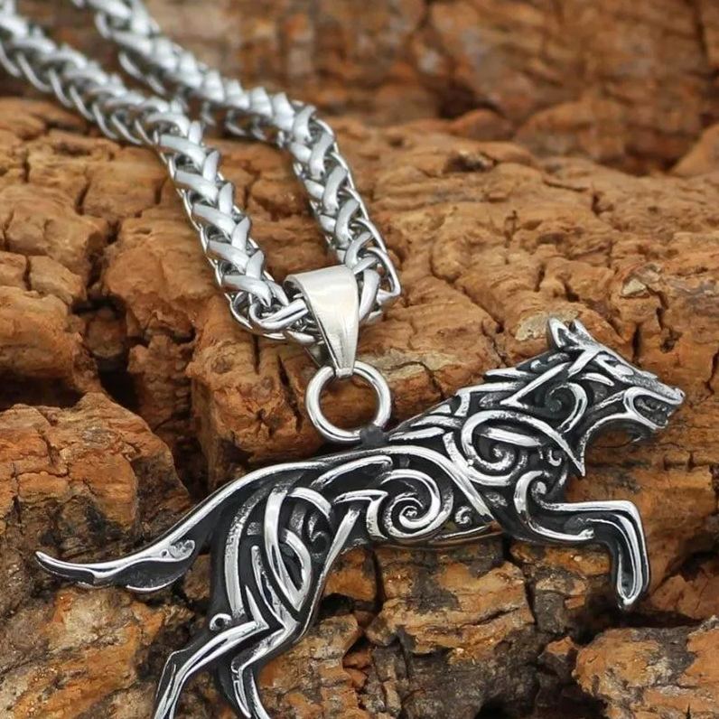 Fenrir Wolf with Nordic Carving Necklace