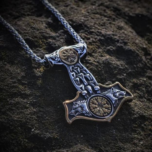 Double-sided Compass Mjolnir necklace