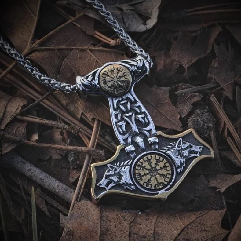 Double-sided Compass Mjolnir necklace