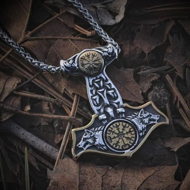 Double-sided Compass Mjolnir necklace