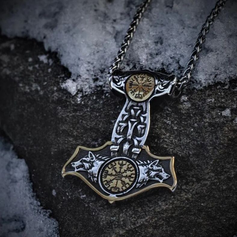 Double-sided Compass Mjolnir necklace